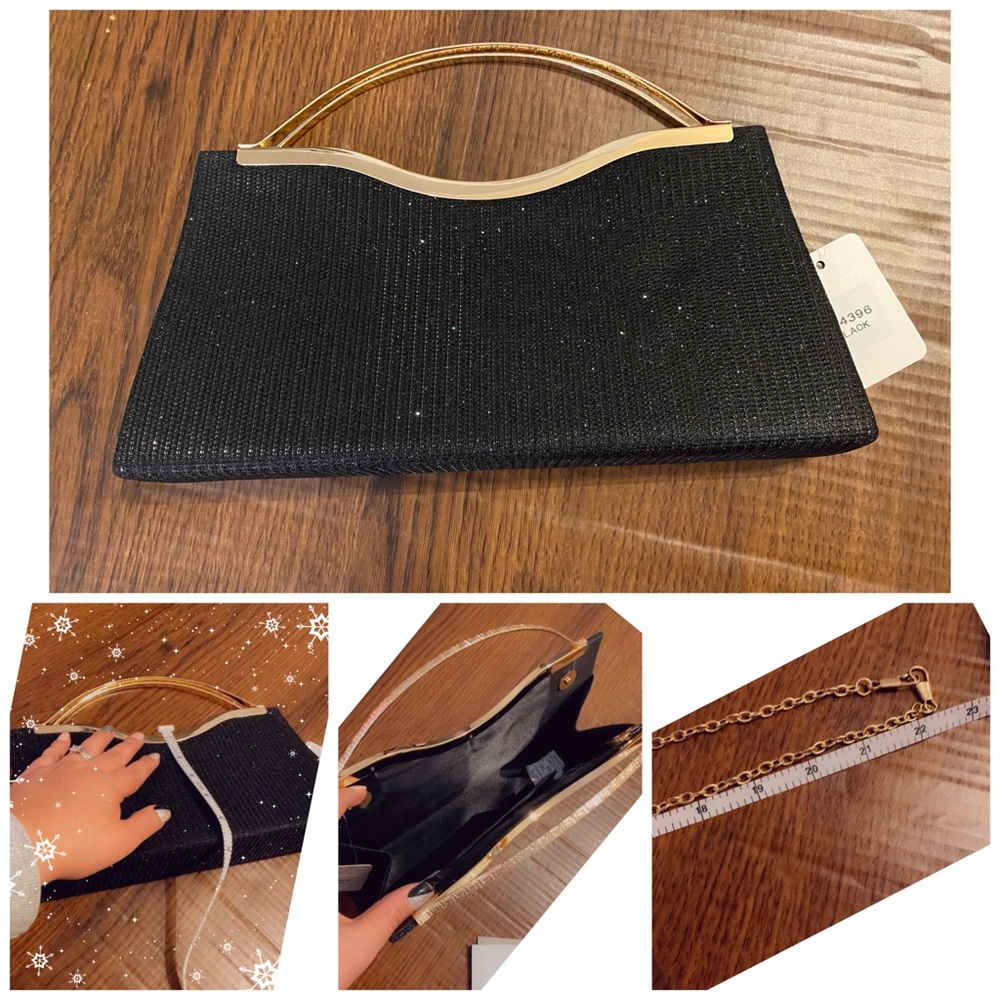 MWT Fashion Shimmer Night Black Clutch Bag with shoulder Gold Chain color